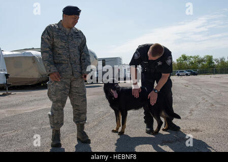 Il personale Sgt. Michael Sengphradeth, 902nd forze di sicurezza militari squadrone cane da lavoro trainer e Jacob Smith, Comal sceriffo della contea Dipartimento K-9 unità gestore del cane, dare un rinforzo positivo a una polizia K-9 dopo aver completato un corso di formazione per gli esercizi in base comune San Antonio-Randolph Marzo 28, 2016. L'esercitazione è stata la prima di una nuova partnership tra il 902nd FS e del CCSD K-9 unità. Foto Stock