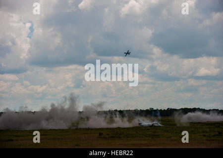 Un-10C Thunderbolt II esegue un mitragliare eseguire dopo la conferma di destinazione dal giunto di attacco del terminale di controllo (JTACs) durante l'esercizio Dragon Strike Giugno 9, 2015, a Avon Park Air Force Range, Fla. il 93Air Ground Operations Wing JTACs eseguita chiudere il supporto aereo coordinamento durante otto giorni di esercizio. (U.S. Air Force foto di Airman 1. Classe Dillian Bamman/rilasciato) Foto Stock