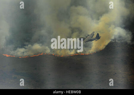 Una C-130H Hercules dal 302nd Airlift Wing, Colorado Springs Air Force Riserva, equipaggiato con il sistema modulare Airborne impianto antincendio si prepara a cadere una linea di ritardante del fuoco ad ovest del Texas, 27 aprile. MAFFS è in grado di erogare 3.000 galloni di acqua o ritardante del fuoco in meno di 5 secondi. Il incendi sono sparsi in varie parti del Texas e hanno bruciato più di mille chilometri quadrati di terra. Foto Stock