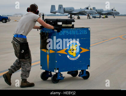 Un U.S. Airman assegnato alla 355a manutenzione aeromobili squadrone sposta una cassetta portautensili dopo la preparazione di un A-10 Thunderbolt II aeromobili per una sortita durante il combattimento martello aria-terra sistema di arma a un programma di valutazione a Eglin Air Force Base, Fla., Feb 19, 2014. Il giro della formazione è stato gestito dalla 86Armi Fighter Squadron, 53rd armi il gruppo di valutazione. (U.S. Air Force foto di Samuel King Jr./rilasciato) Foto Stock