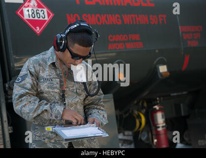 Avieri da Travis Air Force Base erano su una missione per impostare diversi record mondiali in C-5M Super Galaxy Aprile 3, 2015. Due C-5MS e un combinato di equipaggio di aviatori dal 349 e il sessantesimo di mobilità in aria Wing sono state messe le attraverso i passi preparare il velivolo per una missione che includeva altitudine nel volo orizzontale, al tempo di salita con il payload e payload più grandi di 9.000 metri tra i molti altri record. La missione ha inoltre fornito una formazione completa sia per il personale di terra e gli equipaggi degli aeromobili coinvolti. SSgt Garrett Garza, sessantesimo Manutenzione aeromobili squadrone, piombo crewchief per la C-5 M registrare imp Foto Stock