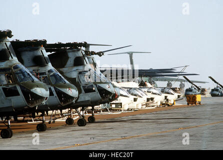 Quattro Marine Corps CH-46E Sea Knight elicotteri, colore per il primo piano e sei AH-1 Mare elicotteri Cobra inattive sul volo di linea alla zona di atterraggio 32 (LZ-32) Sito Alfa durante operazione Desert Shield. Foto Stock