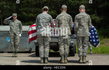 Tech. Sgt. Daniel Whiteman, 786th forza squadrone di supporto NCO in carica di base guardia d'onore, saluta durante una cerimonia funebre dimostrazione come una parte dell'aria di istruzione e di formazione del comando di classe 5 protocollo base, onori e cerimonie di laurea del corso 9 Giugno, 2016, a Ramstein Air Base, Germania. Membri della Air Force Guardia d'Onore Mobile il Team di formazione ha insegnato il corso per Guardia d'onore gli avieri attraverso U.S. Forze aeree in Europa. La classe di laurea consisteva di aviatori dalla base aerea di Aviano, Italia; Royal Air Force Station Mildenhall, Regno Unito; Incirlick Air Base, Turchia e Ramstein. ( Foto Stock