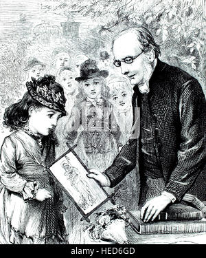 La religione vittoriano, bambino essendo dato immagine di Gesù dal vicario, illustrazione da 1884 Chatterbox settimanale per bambini: carta Foto Stock