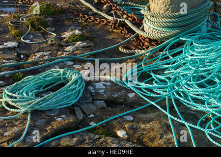 Nuova fune sul porto di pietra. Sandside, vicino Reay, Caithness in Scozia. Foto Stock