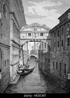 Il Ponte dei Sospiri o il Ponte dei Sospiri, è un ponte situato a Venezia, Italia settentrionale, da una xilografia di 1880, digitale migliorata Foto Stock