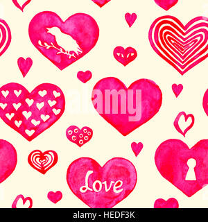 Cuori seamless pattern, dipinte a mano illustrazione ad acquerello Foto Stock