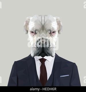 White Albino cane Boxer animale Vestito in blu navy vestito con cravatta rossa Uomo d'affari. Illustrazione Vettoriale. Illustrazione Vettoriale