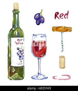 Vino rosso bottiglia, wineglass, uva, cavatappi, sughero e macchia, gruppo isolato, dipinte a mano illustrazione ad acquerello Foto Stock