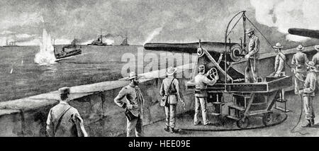 Guerra ispano-americana, tra la Spagna e gli Stati Uniti d'America nel 1898, grazie all'intervento degli Stati Uniti nella Guerra di Cuba di indipendenza. Cuba. Santiago de Cuba. Naufragio della Merrimac da uno spagnolo torpediniera. Battaglia navale di Santiago de Cuba, il 3 luglio 1898. Incisione. ' La Ilustración Iberíca', 1898". Foto Stock