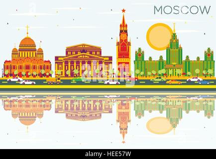 Lo Skyline di Mosca con edifici di colore, cielo blu e riflessi. Illustrazione Vettoriale. Viaggi di affari e di turismo con il concetto di architettura storica. Illustrazione Vettoriale