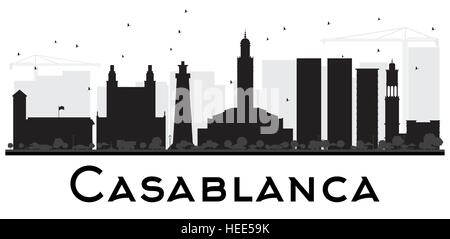 Casablanca dello skyline della città in bianco e nero la silhouette. Illustrazione Vettoriale. Piatto semplice concetto per il turismo presentazione, banner, cartellone o sito web. Illustrazione Vettoriale