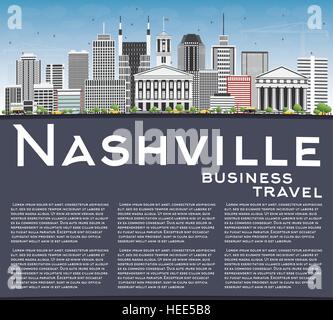 Nashville Skyline con edifici grigi, Blu Cielo e spazio di copia. Illustrazione Vettoriale. Viaggi di affari e di turismo con il concetto di architettura moderna. Illustrazione Vettoriale