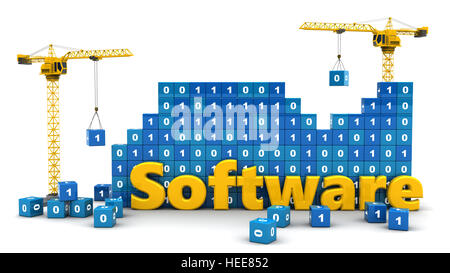 3d'illustrazione di due gru e il codice binario, software development concept Foto Stock