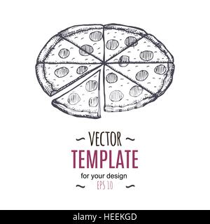 Vettore pizza vintage disegno. Disegnata a mano monocromatico fast food illustrazione. Illustrazione Vettoriale