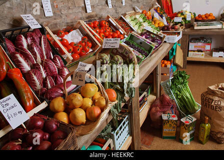 Charlie & Anna Hicks con i loro autonoma fruttivendolo shop in Hay-on-Wye,Powys,Galles,UK. Foto Stock