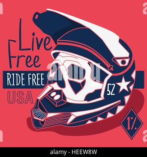 Vintage old school disegnati a mano in stile etichetta di vettore del cranio nel casco. Cafe racer tema. Motocross stampa su una T-shirt Illustrazione Vettoriale