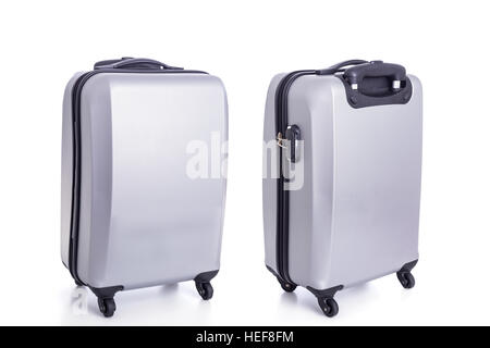In prossimità dei grossi bagagli grigio isolato su sfondo bianco Foto Stock
