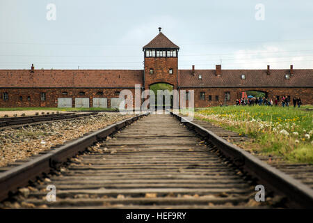 Ingresso rampa al campo di concentramento di Auschwitz Birkenau KZ Polonia Foto Stock