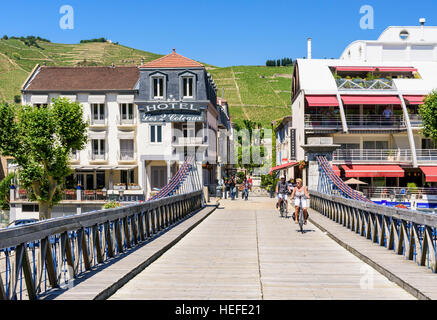 Il Marc Seguin Bridge guardando verso la città e vigneti di Tain-l'Hermitage, Drôme, Auvergne-Rhône-Alpes, Francia Foto Stock