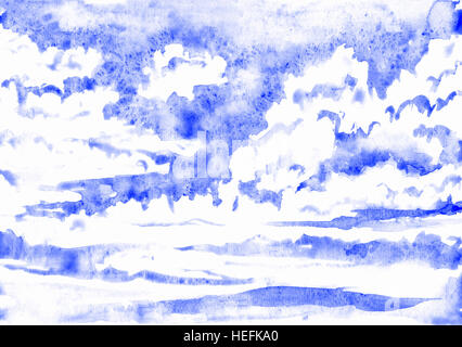 Cielo blu con nuvole soffici, dipinte a mano illustrazione ad acquerello Foto Stock