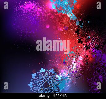 Luminoso sfondo viola holi ombreggiati vernice spray e turchese mandala. Illustrazione Vettoriale