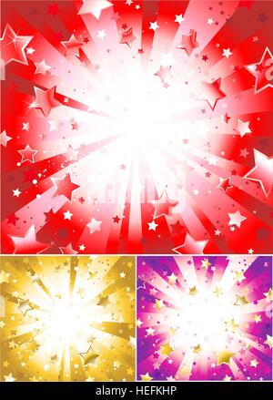 Tre varianti della luce dello sfondo con stelle scintillanti, rosso, oro e porpora. Illustrazione Vettoriale