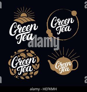 Set di tè verde scritto a mano scritte logo, etichette, badge, emblema. Isolato su sfondo nero. Illustrazione Vettoriale. Illustrazione Vettoriale