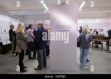 Le persone in cerca di lavoro sul display della gallery pareti a Aberystwyth University School of Art, studi post-laurea mostra, Wales UK Foto Stock