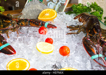 Molto di frutti di mare freschi scampi, sul display esterno ristorante Venezia Italia Foto Stock