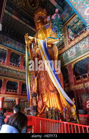 Pechino: Tempio Lama; Hall dell'Infinito Fortune (Wanfuge) con un misuratore 18 alta statua del Buddha Maitreya scolpita da un unico albero di legno di sandalo, Foto Stock