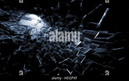 Abstract scuro dello sfondo digitale, incandescente tecnologico blocchi caotica, 3d illustrazione Foto Stock