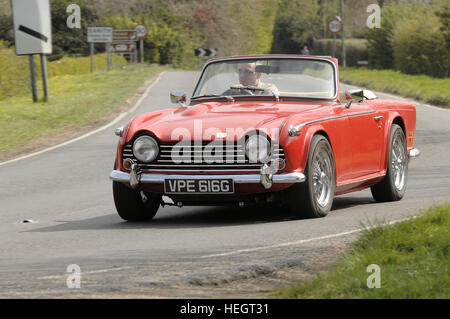 Rosso convertibili Triumph TR5 in azione con la parte superiore verso il basso Foto Stock