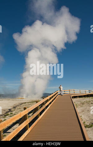 Stati Uniti d'America, USA, Wyoming WY, il Parco Nazionale di Yellowstone, Fontana Paint Pots Trail, lo spasmo Geyser con tourist Foto Stock