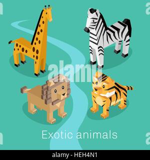 Animali esotici isometrica set design 3d. Esotici e animale, gli animali vettore, cartoon animali selvatici lion, cartoon wildlife, la fauna Illustrazione Vettoriale