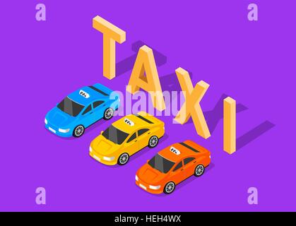 Appartamento 3D isometrica Auto Taxi. Appartamento 3D isometrica auto di alta qualità testo taxi. Città servizio trasporto icona. Taxi Auto icona della cabina. Illustrazione Vettoriale