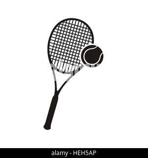 Nero monocromatico sagome racket e icona a sfera logo per tennis isolati su sfondo bianco. Attività Hobby gioco di sport, Illustrazione Vettoriale