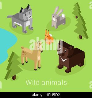 Animale selvaggio isometrica set design 3d. Gli animali selvaggi isolati, bear isometrica, zoo di raccolta degli animali selvatici, coniglio la natura, la fauna selvatica Illustrazione Vettoriale