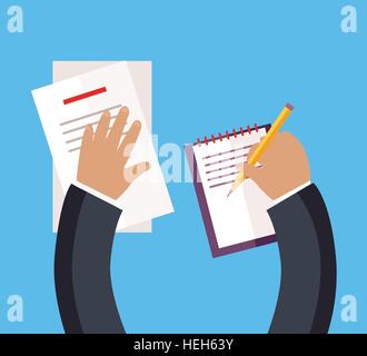 Concetto di documentazione vista dall'alto design stile piatto. Occupato imprenditore lavora con documenti, documenti con una matita in mano. Illustrazione Vettoriale