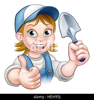 Un cartoon giardiniere tenendo un utensile da giardinaggio e dando un pollice in alto Foto Stock