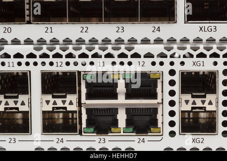 Dettaglio della fibra ottica switch gigabit ethernet con slot di modulo SFP e cavi UTP categoria 5 connettori RJ-45 Foto Stock