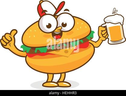 Carattere Burger tenendo la birra. Illustrazione Vettoriale