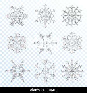 Fiocchi di neve set grigio. Grigio realistico fiocchi di neve ghiacciata impostare isolato su sfondo trasparente illustrazione vettoriale Illustrazione Vettoriale