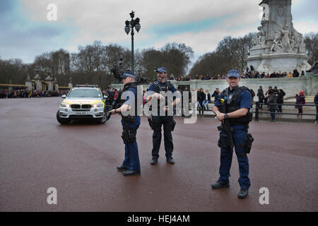 Polizia armata fornire protezione durante il cambio della guardia al di fuori Buckingham Palace, London, England, Regno Unito Foto Stock