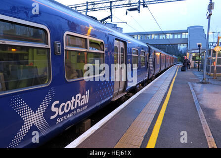 Abellio Scotrail carrozze del treno nella stazione di Motherwell al crepuscolo. Foto Stock