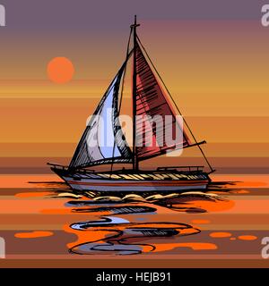 Tramonto mare yacht galleggianti sulla superficie dell'acqua. Illustrazione Vettoriale