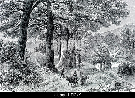 Il nostro English Home, idilliaco paese pastorale scena con carrello su disfatto lane, illustrazione da 1884 Chatterbox settimanale per bambini: carta Foto Stock