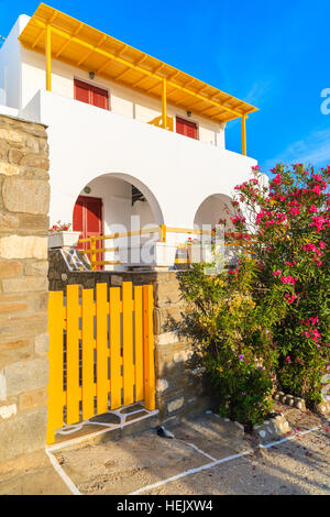 Il giallo il gate di un tipico greco casa nel villaggio di Naoussa sull isola di Paros, Grecia Foto Stock