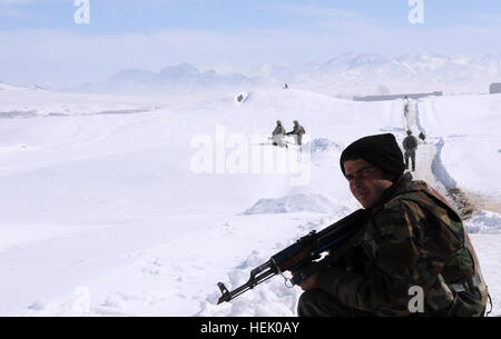 Un esercito nazionale afghano soldato aiuta i soldati del 2° plotone, truppa C 1° Stormo, 91º reggimento di cavalleria, 173rd Airborne Brigade Combat Team, fornire sicurezza mentre il comandante di plotone si impegna con i residenti locali che vivono al di fuori del villaggio di Jawsi nel quartiere Kherwar, provincia di Logar, Afghanistan, Feb. 18. "Stiamo cercando di contribuire a sviluppare l'esercito afghano per essere in grado di pattugliare le campagne sulla propria, senza di noi", ha detto personale Sgt. Jeremy Pino, un leader di squadra da Los Angeles. Corsi di formazione NEGLI STATI UNITI fornisce la sicurezza, sviluppo dell esercito nazionale afghano 255910 Foto Stock