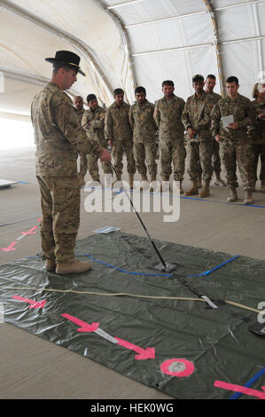 Provincia di Kandahar, Afghanistan (sett. 18, 2011) -- i membri della seconda nazionale afghano di ordine civile e di polizia afghane Air Force Kandahar Air Wing ascoltare attentamente come il Mag. Brendan Cullinan li conduce attraverso il piano di volo sett. 17 per la loro formazione air assault sul Texas Hilo gamma qui sett. 18. Le due unità non hanno mai lavorato insieme in questa capacità prima che è progettato per aumentare la loro capacità congiunte in operazioni di supporto in tutto il sud dell'Afghanistan. (U.S. Esercito Foto di Sgt. 1. Classe Stephanie L. Carl, Task Force Thunder Affari pubblici/RILASCIATO) TF Thunder e ANCOP c Foto Stock